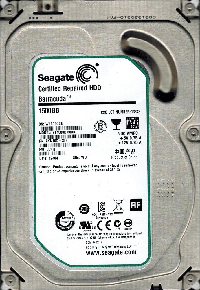 Seagate ST1500DM003 P/N: 9YN16G-306 F/W: CC4H 1.5TB WU W1E0