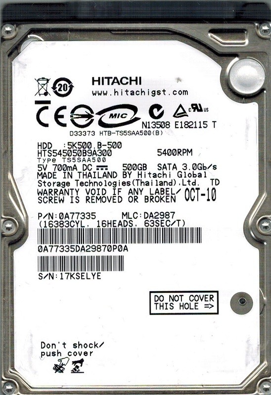 Hitachi HTS545050B9A300 MLC: DA2987 P/N: 0A77335 500GB 