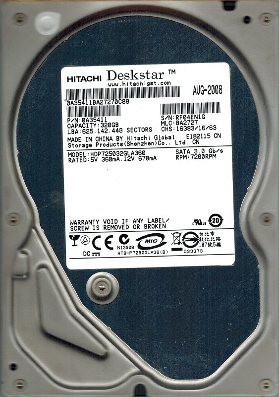 Hitachi HDP725032GLA360 320GB P/N: 0A35411 MLC: BA2727
