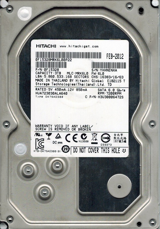 Hitachi HUA723030ALA640 P/N: 0F15328 MLC: MRK6L0 3TB 