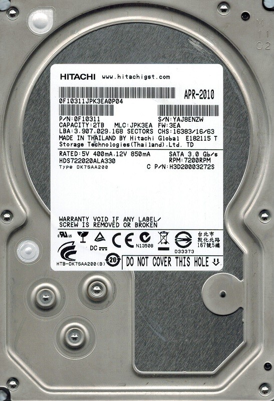 Hitachi HDS722020ALA330 P/N: 0F10311 MLC: JPK3EA 2TB
