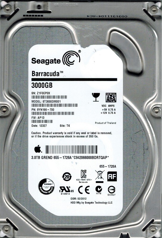 Seagate ST3000DM001 MAC 655-1726A P/N: 9YN166-700 F/W: AP13 3TB TK Z1F0
