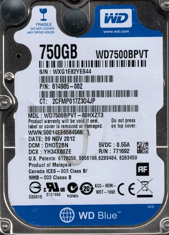 Western Digital WD7500BPVT-60HXZT3 750GB DCM: DHOT2BN