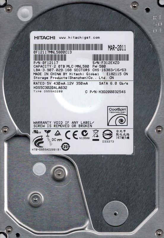 Hitachi HDS5C3020ALA632 P/N: 0F12117 2TB MLC: MNL580