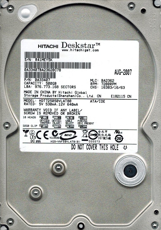 Hitachi HDT725050VLAT80 P/N: 0A33407 MLC: BA2362 500GB