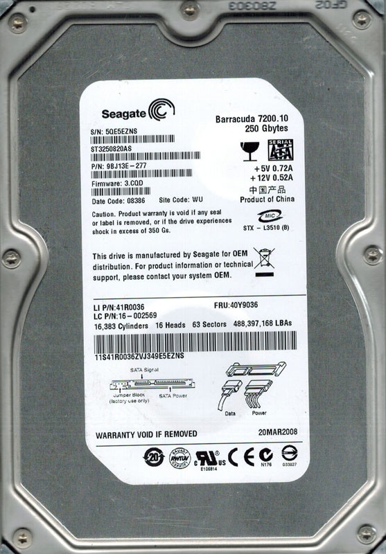 Seagate ST3250820AS P/N:9BJ13E-277 F/W: 3.CQD 250GB WU