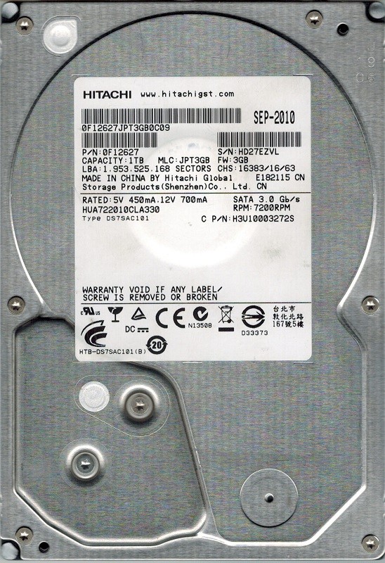 Hitachi HUA722010CLA330 P/N: 0F12627 MLC: JPT3GB 1TB