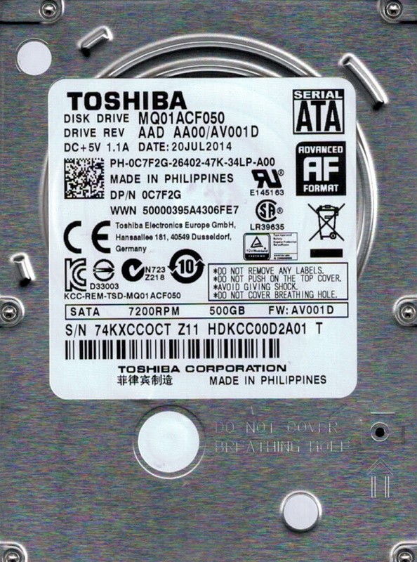 Toshiba MQ01ACF050 AAD AA00/AV001D PHILIPPINES 500GB