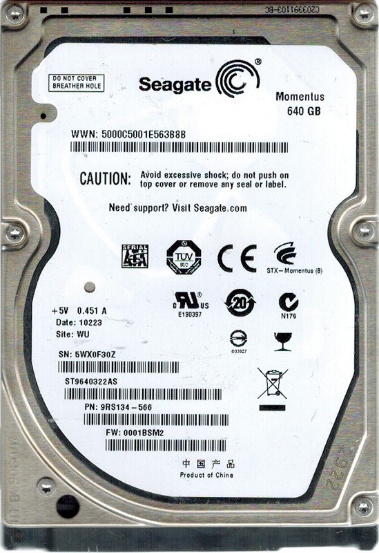 Seagate ST9640322AS P/N: 9RS134-566 640GB F/W: 0001BSM2 WU