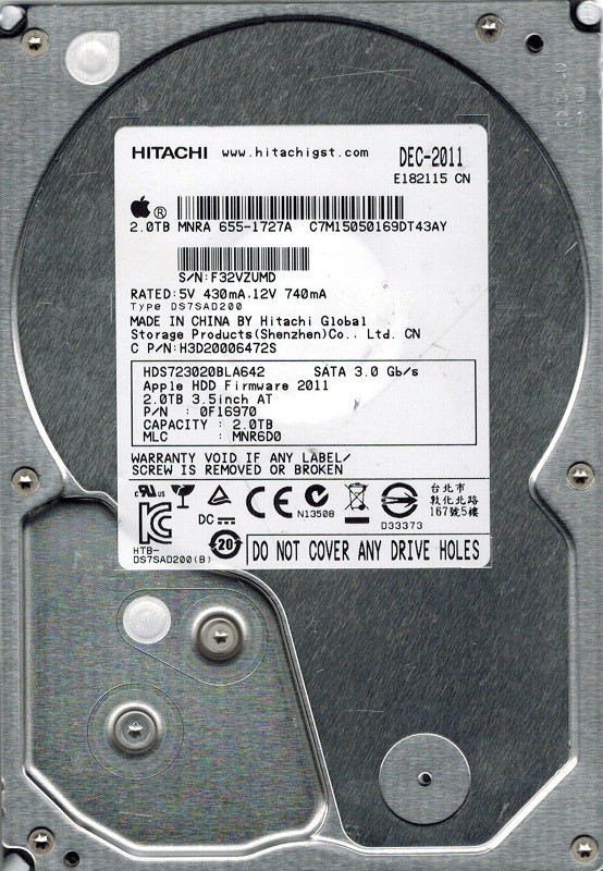 Hitachi HDS723020BLA642 MAC P/N: 0F16970 MLC: MNR6D0 2TB APPLE