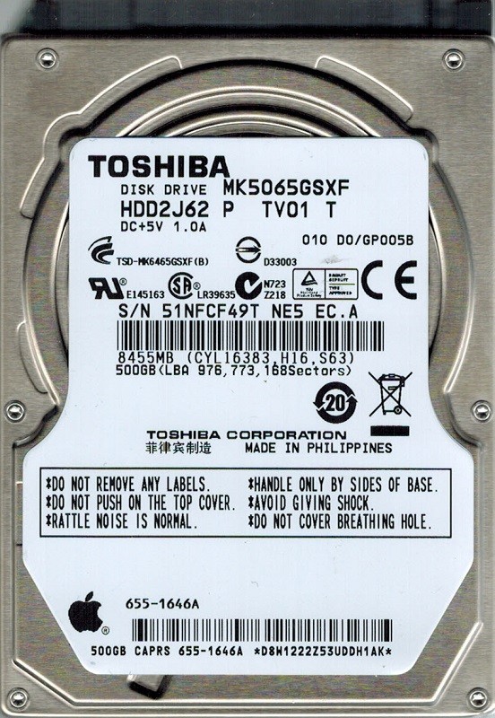 Toshiba MK5065GSXF HDD2J62 P TV01 T PHILIPPINES MAC 655-1646A