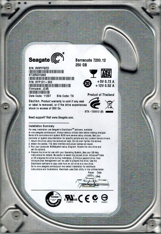 Seagate ST3250312AS P/N: 9YP131-303 F/W: JC45 250GB TK