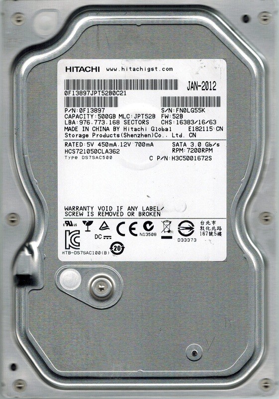 Hitachi HCS721050CLA362 P/N: 0F13897 MLC: JPT52B 500GB