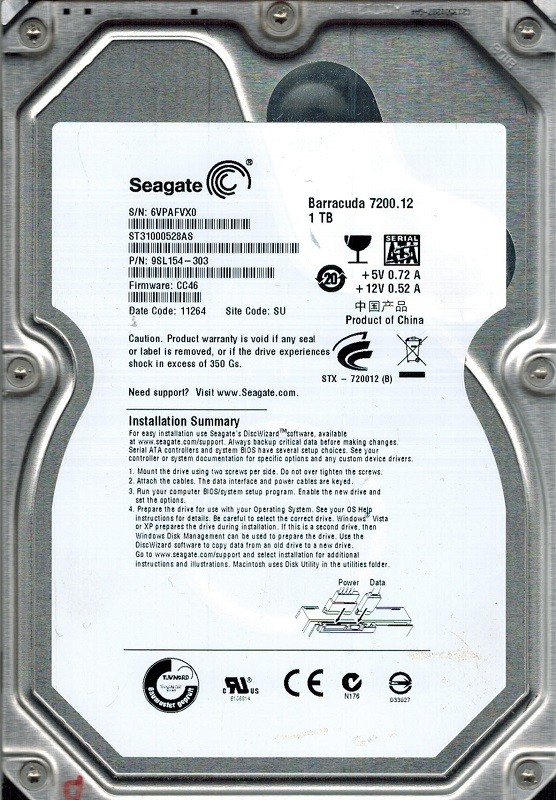 Seagate ST31000528AS P/N: 9SL154-303 F/W: CC46 1TB SU
