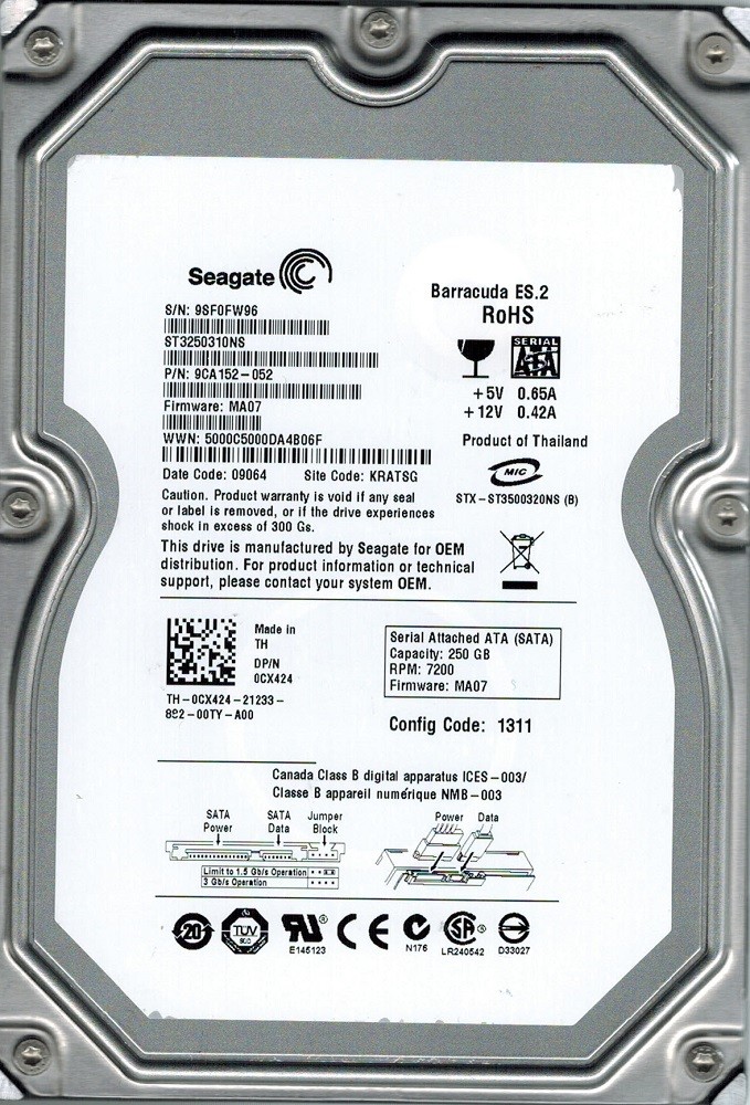 Seagate ST3250310NS P/N: 9CA152-052 F/W: MA07 250GB KRATSG