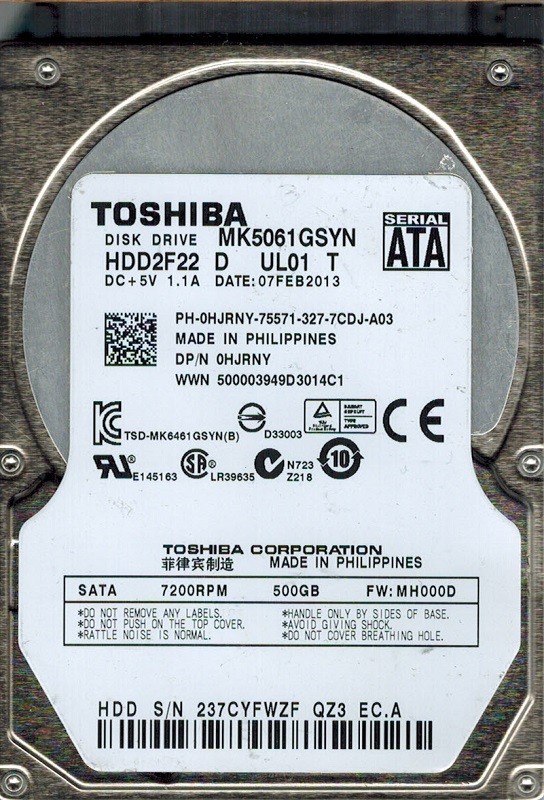 Toshiba MK5061GSYN 500GB HDD2F22 D UL01 T F/W: MH000D