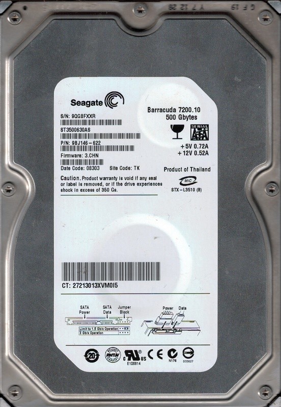 Seagate ST3500630AS P/N: 9BJ146-622 F/W: 3.CHN TK 500GB