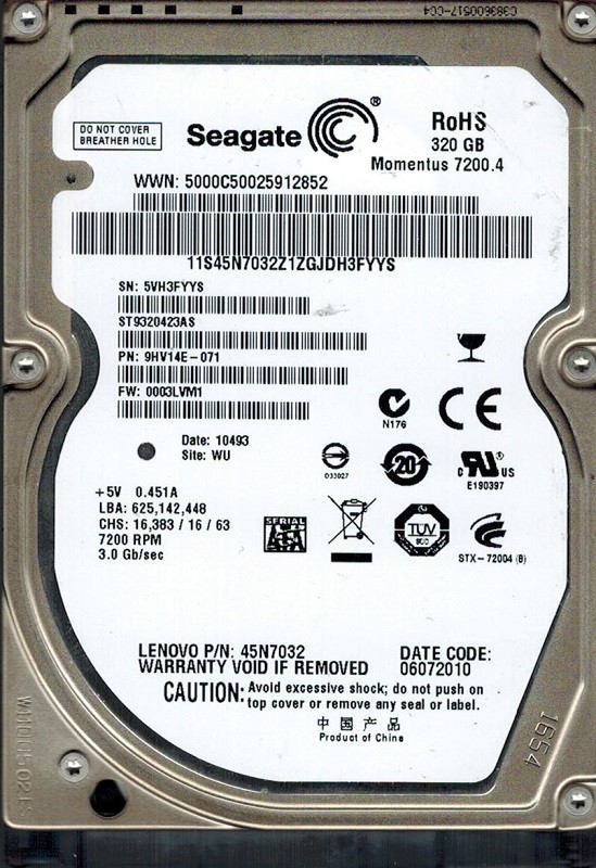 Seagate ST9320423AS P/N: 9HV14E-071 F/W: 0003LVM1 320GB WU