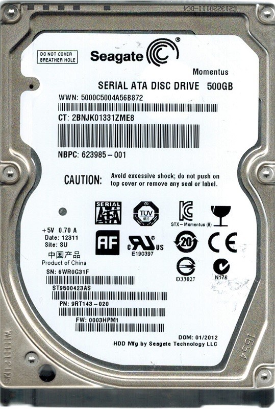Seagate ST9500423AS P/N: 9RT143-500 F/W: 0003HPM1 500GB WU