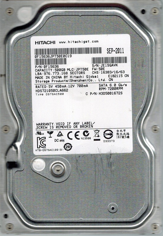Hitachi HDS721050CLA662 500GB P/N: 0F15636 MLC: JPT50E