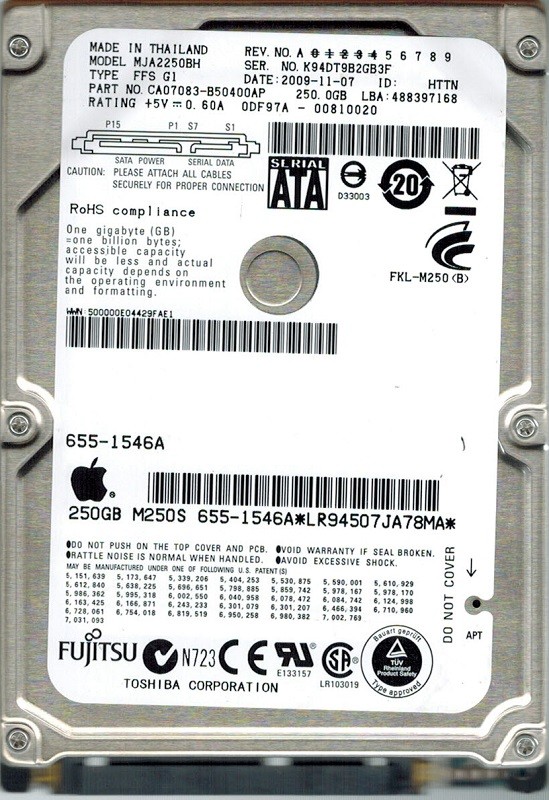Fujitsu MJA2250BH MAC 655-1546A 250GB P/N: CA07083-B50400AP DATE: 2009-11-07