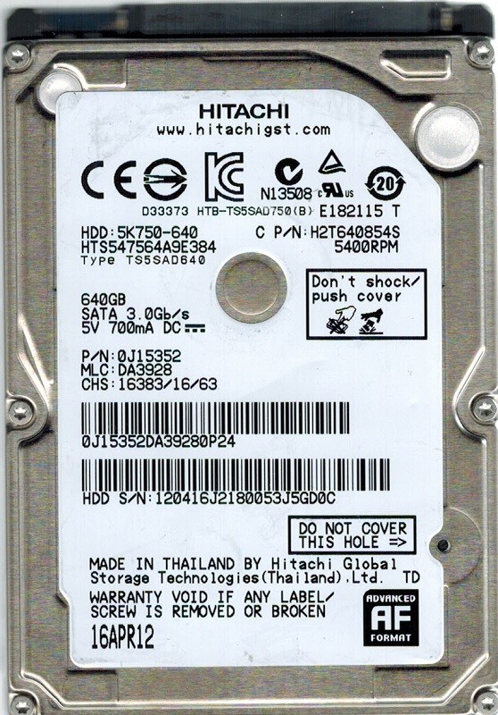 Hitachi HTS547564A9E384 P/N: 0J15352 MLC: DA3928 640GB