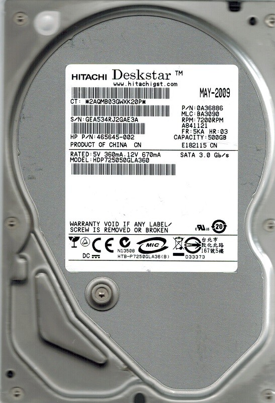 Hitachi HDP725050GLA360 P/N: 0A36886 MLC: BA3090 500GB