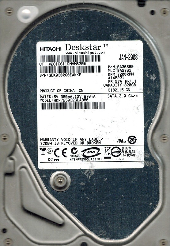 Hitachi HDP725032GLA380 P/N: 0A36889 MLC: BA2763 320GB