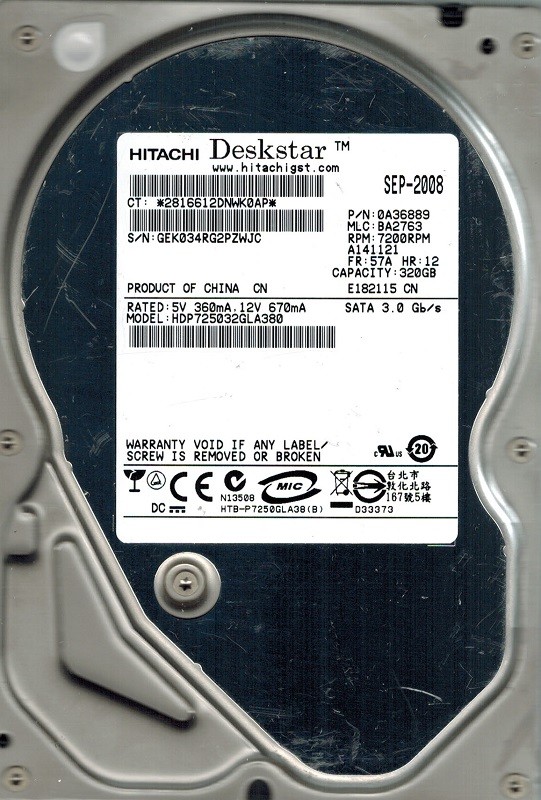 Hitachi HDP725032GLA380 MLC: BA2763 P/N: 0A36889 320GB