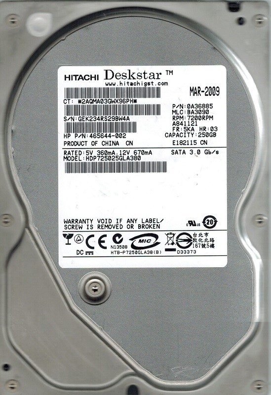 Hitachi HDP725025GLA380 P/N: 0A36885 MLC: BA3090 250GB