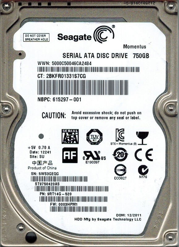 Seagate ST9750420AS F/W: 0003HPM1 P/N: 9RT14G-520 SU 750GB