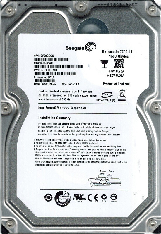 Seagate ST31500341AS P/N: 9JU138-101 F/W: LC1A TK 1.5TB