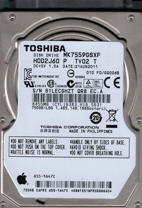 MK7559GSXF HDD2J60 P TV02 T F/W: F0/GQ006B Toshiba MAC 655-1647C