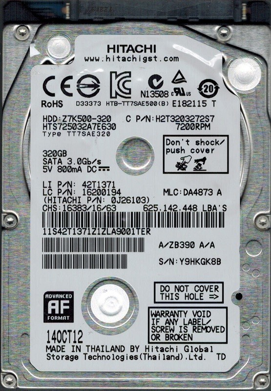 Hitachi HTS725032A7E630 P/N: 0J26103 MLC: DA4873 320GB