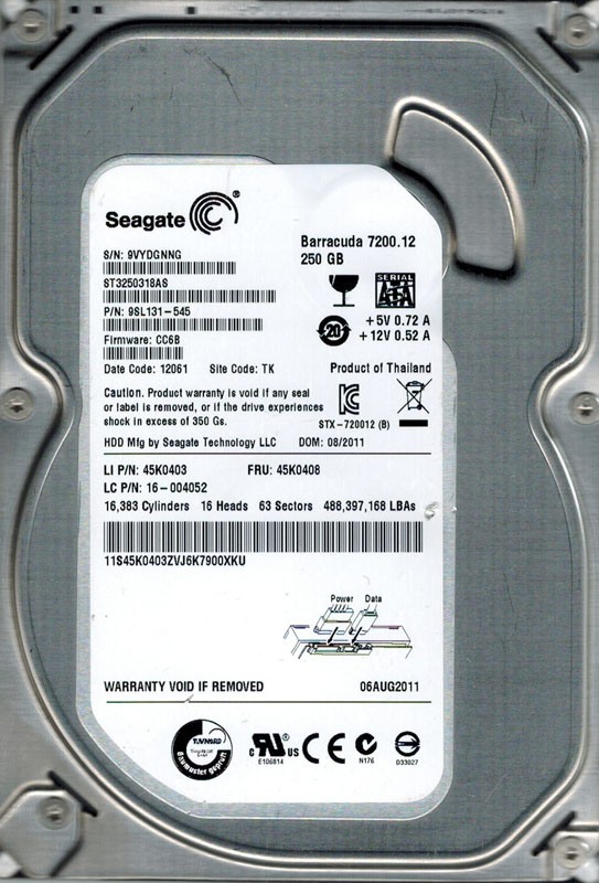 Seagate ST3250318AS P/N: 9SL131-545 F/W: CC6B 250GB TK