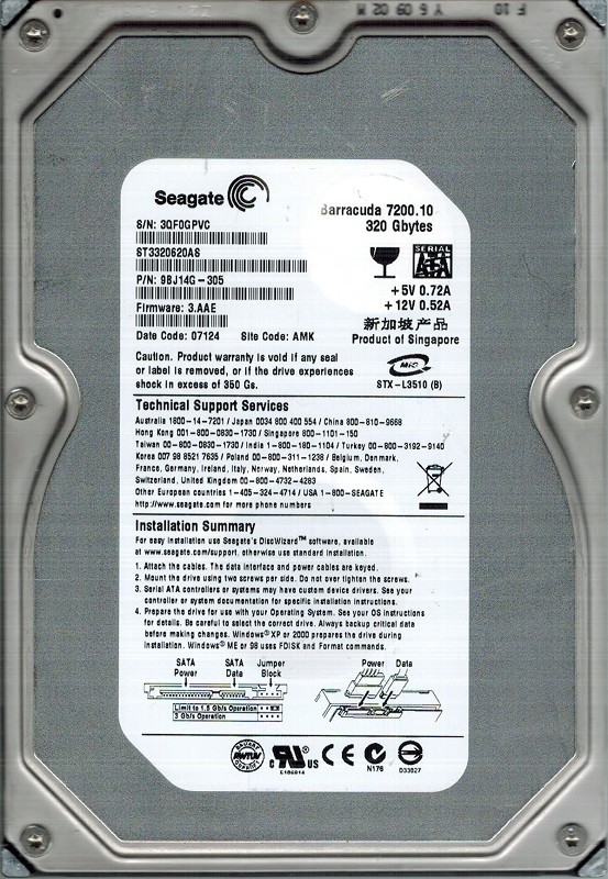Seagate ST3320620AS P/N: 9BJ14G-305 F/W: 3.AAE AMK 320GB