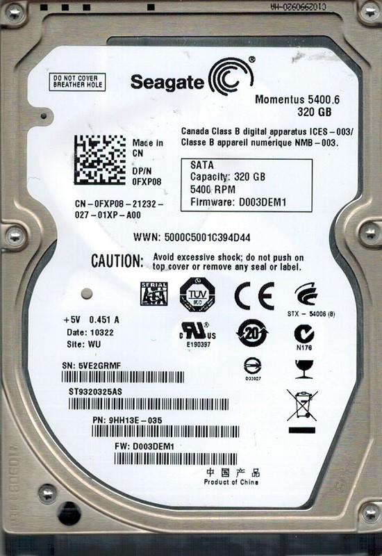 Seagate ST9320325AS P/N: 9HH13E-035 F/W: D003DEM1 WU 320GB