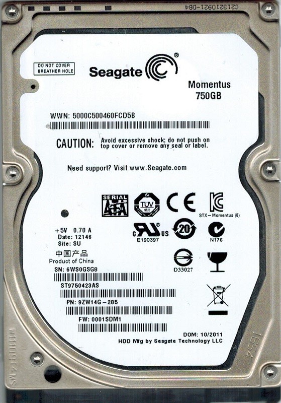 Seagate ST9750423AS P/N: 9ZW14G-285 F/W: 0001SDM1 SU 750GB