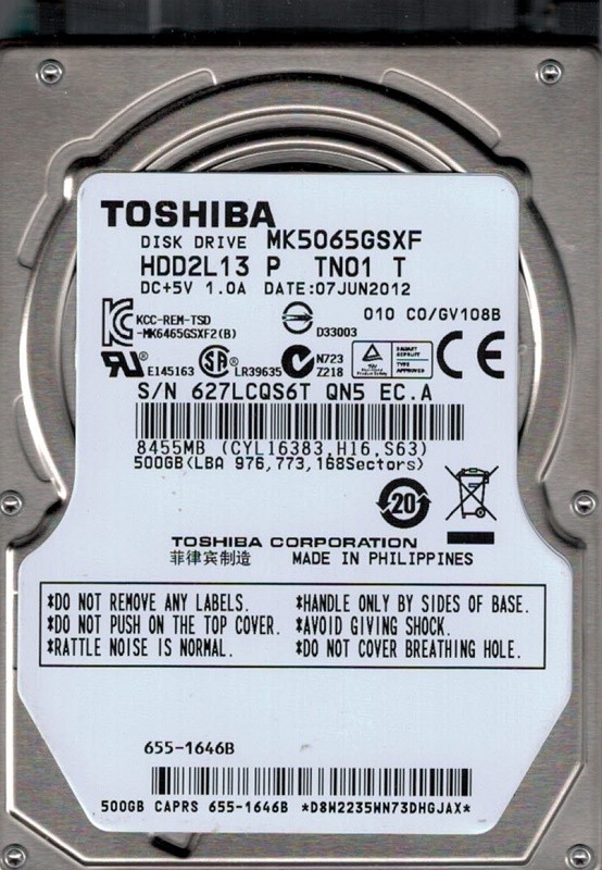 Toshiba MK5065GSXF 500GB HDD2L13 P TN01 T MAC 655-1646B PHILIPPINES