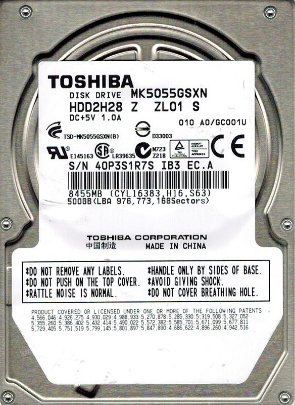 Toshiba MK5055GSXN HDD2H28 Z ZL01 S CHINA SATA 500GB 