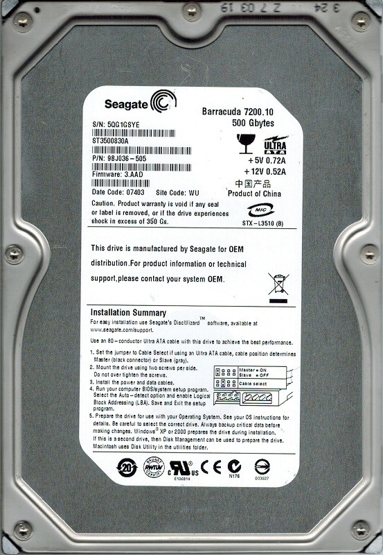 Seagate ST3500830A P/N: 9BJ036-505 500GB F/W: 3.AAD WU