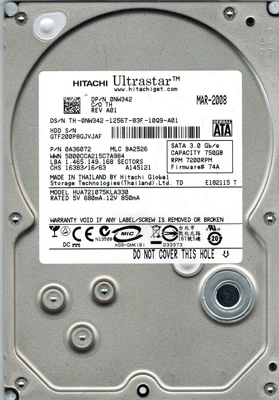 Hitachi HUA721075KLA330 MLC: BA2526 P/N: 0A36072 750GB