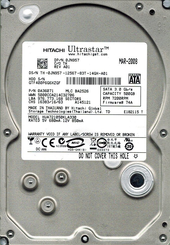 Hitachi HUA721050KLA330 500GB P/N: 0A36071 MLC: BA2526