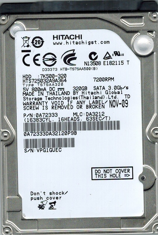 Hitachi HTS725032A9A364 P/N: 0A72333 MLC: DA3212 320GB