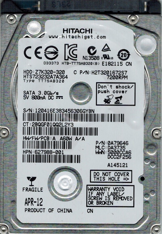 HTS723232A7A364 P/N: 0A79646 MLC: DA3735 Hitachi 320GB CHINA