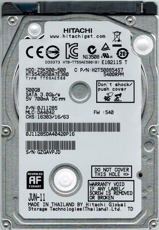 Hitachi HTS545050A7E380 P/N: 0J11285 MLC: DA4042 500GB