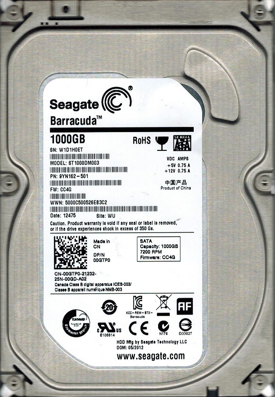 Seagate ST1000DM003 P/N: 9YN162-501 F/W: CC4G 1TB WU
