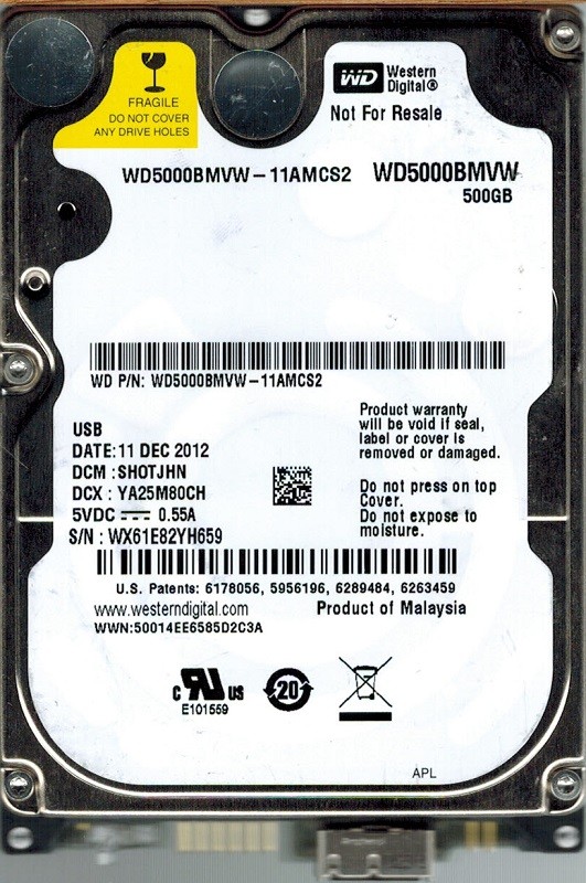 Western Digital WD5000BMVW-11AMCS2 500GB USB 3.0 DCM: SHOTJHN