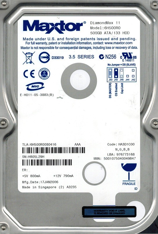 Maxtor 6H500R0 500GB IDE CODE: HA3D1C00 N, G, B, B
