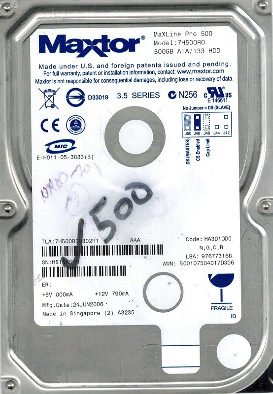 Maxtor 7H500R0 500GB IDE CODE: HA3D1DD0 N, G, C, B